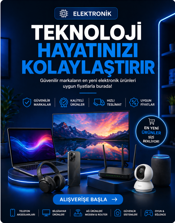 Elektronik kategorisi için modem, kamera, kulaklık, hoparlör ve ekran ürünlerinin yer aldığı teknoloji temalı banner görseli.