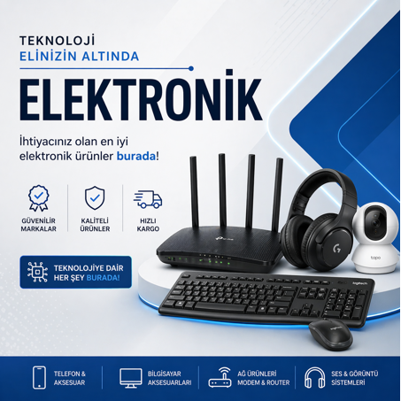 Elektronik kategorisi için hazırlanan kare banner görselinde modem, klavye, mouse, kulaklık ve güvenlik kamerası yer alıyor.