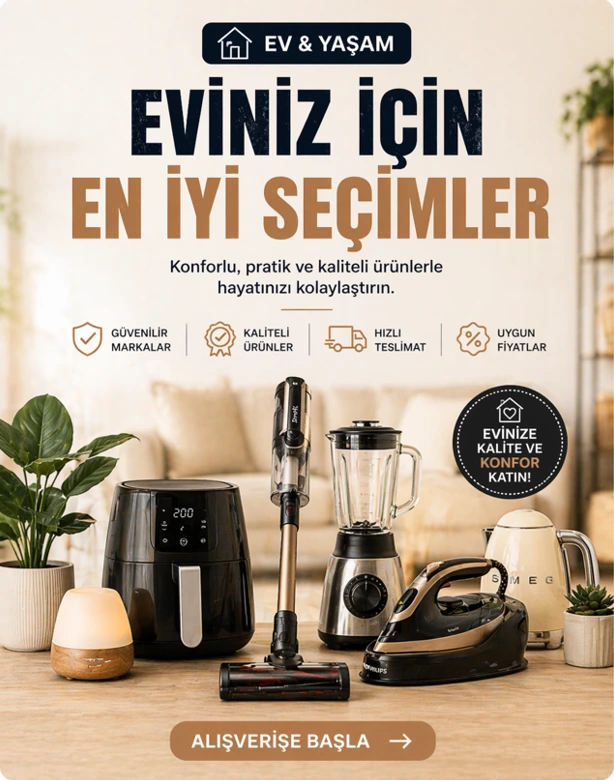 Ev yaşam kategorisi için küçük ev aletleri ve pratik yaşam ürünlerinin yer aldığı sıcak ve modern banner görseli.